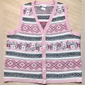 Vintage 90s Cricket Lane Floral Nordic Sweater Vest Pink Cottagecore Made USA